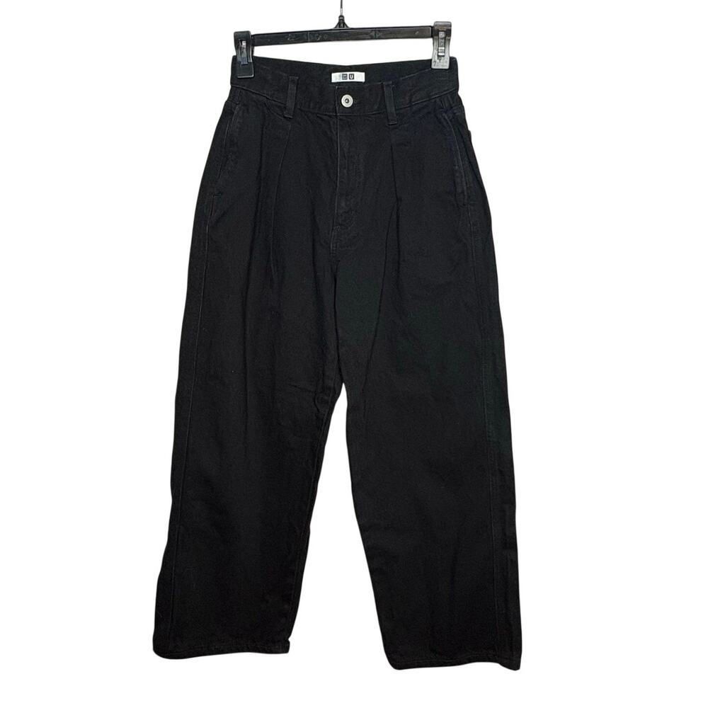 Uniqlou Black Wide Fit Pleated Barrel Tapered Baggy Leg Cotton Jeans Size 23